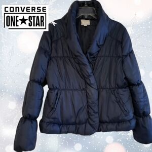 CONVERSE ONE STAR Womens Navy Blue Puffer Cropped Coat Jacket Size Medium